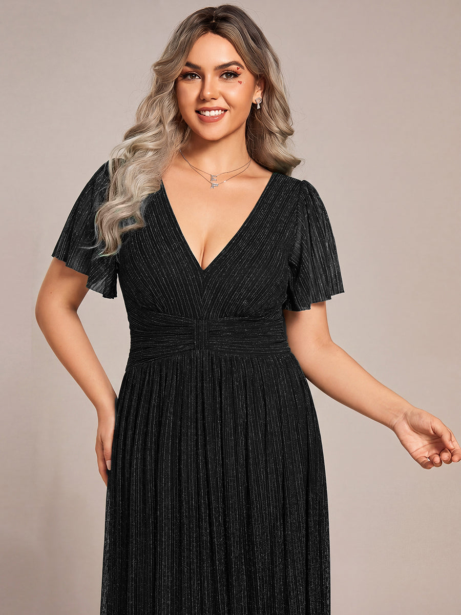 pretty DAPHNE|Plus Size V-Neck Glittery Short Sleeves Formal Evening Dress with Empire Waist