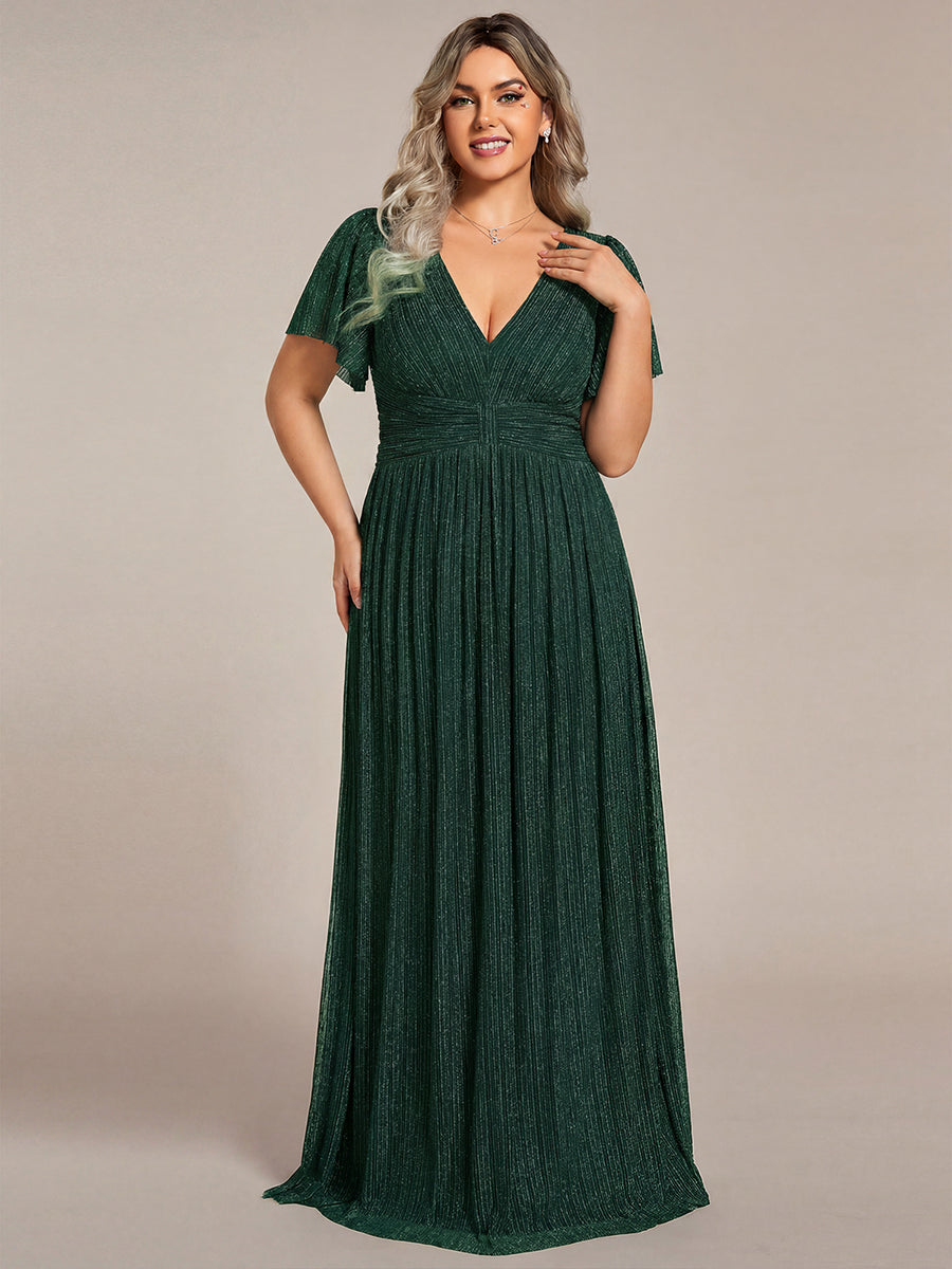 pretty DAPHNE|Plus Size V-Neck Glittery Short Sleeves Formal Evening Dress with Empire Waist