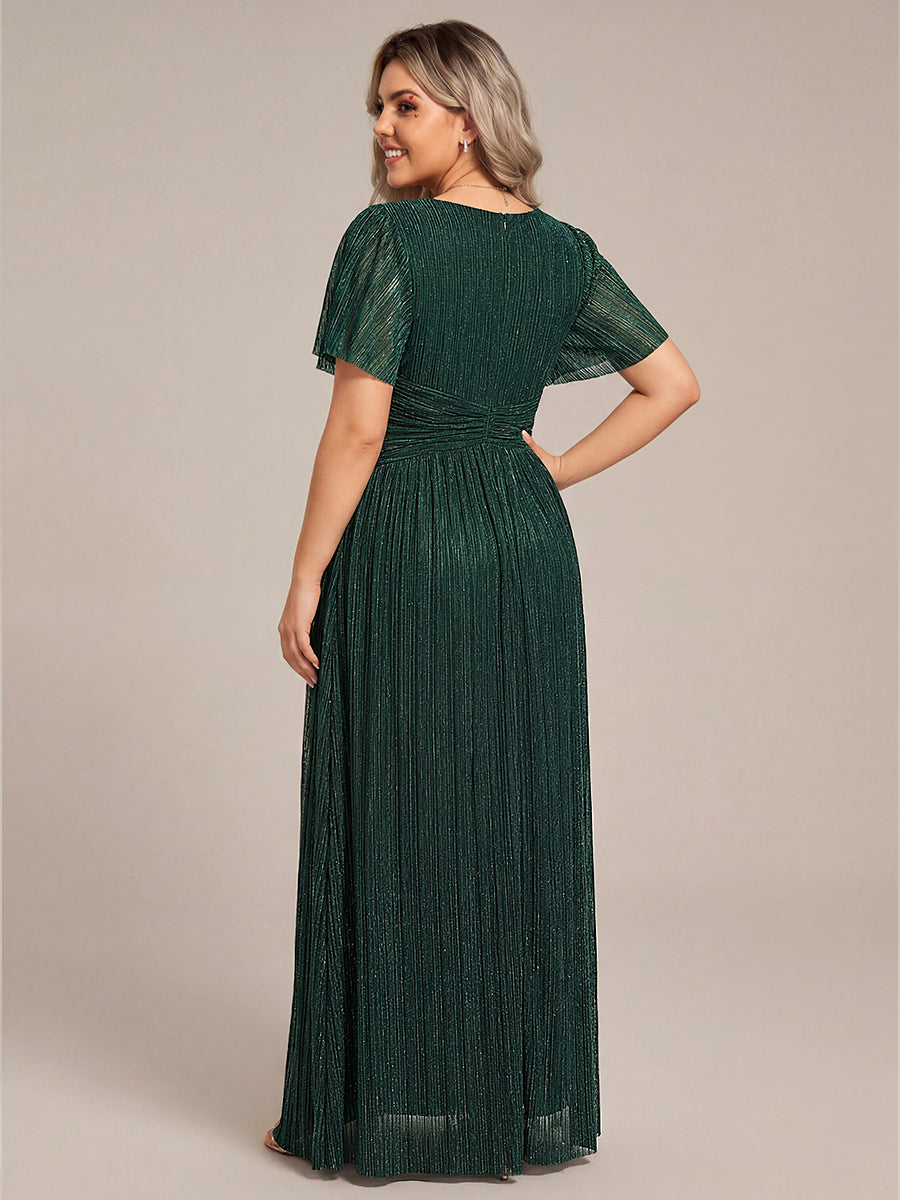 pretty DAPHNE|Plus Size V-Neck Glittery Short Sleeves Formal Evening Dress with Empire Waist