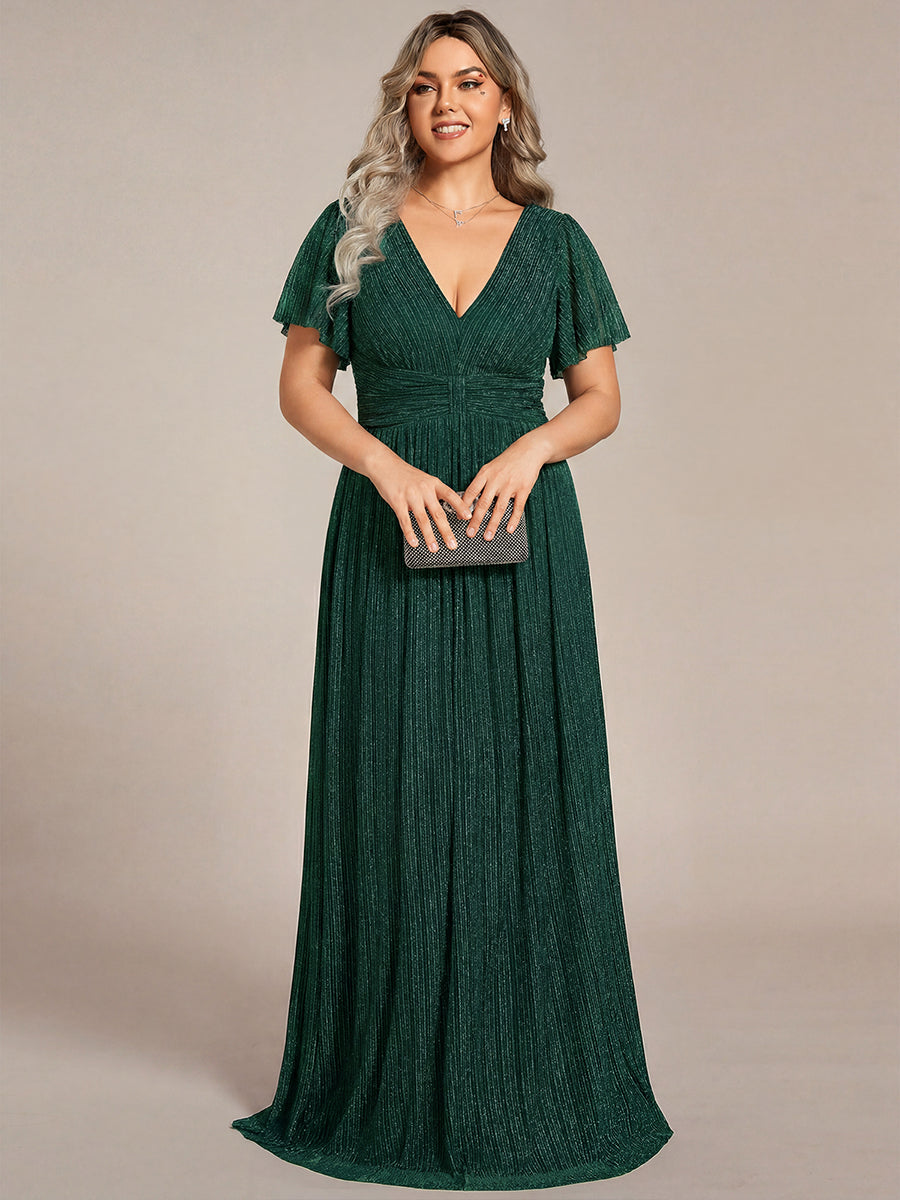 pretty DAPHNE|Plus Size V-Neck Glittery Short Sleeves Formal Evening Dress with Empire Waist