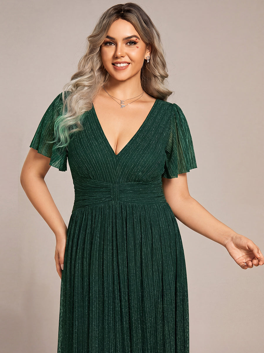 pretty DAPHNE|Plus Size V-Neck Glittery Short Sleeves Formal Evening Dress with Empire Waist