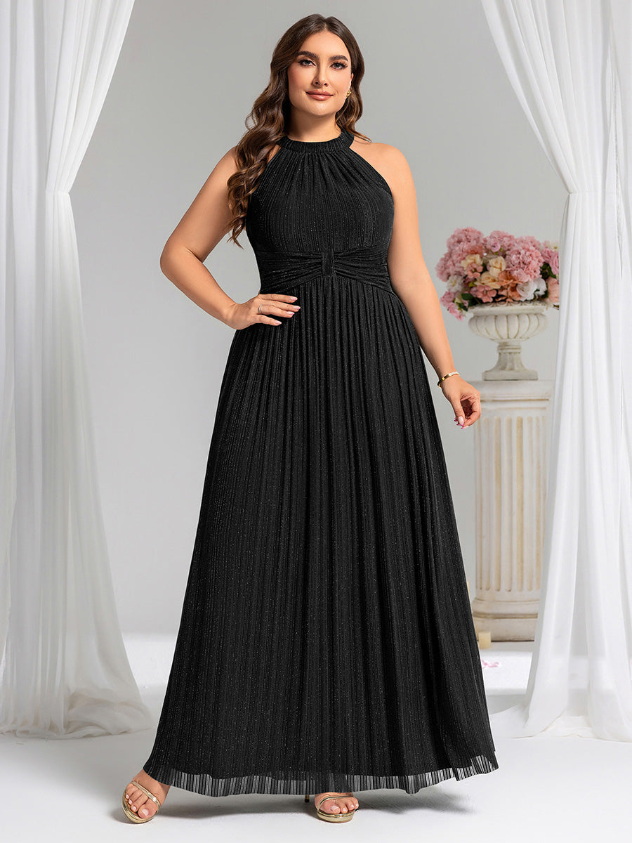 Plus Size Glittery Halter Neck Pleated Formal Evening Dress