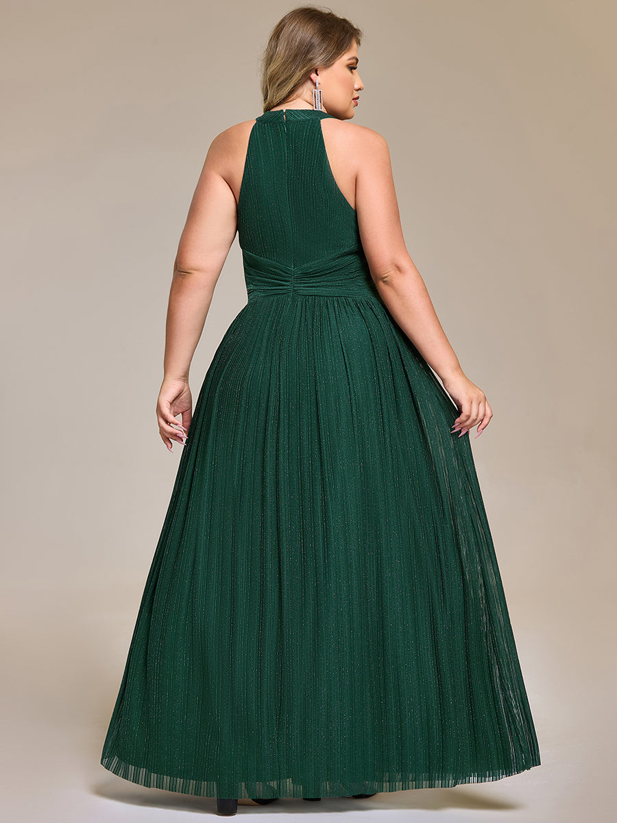 Plus Size Glittery Halter Neck Pleated Formal Evening Dress