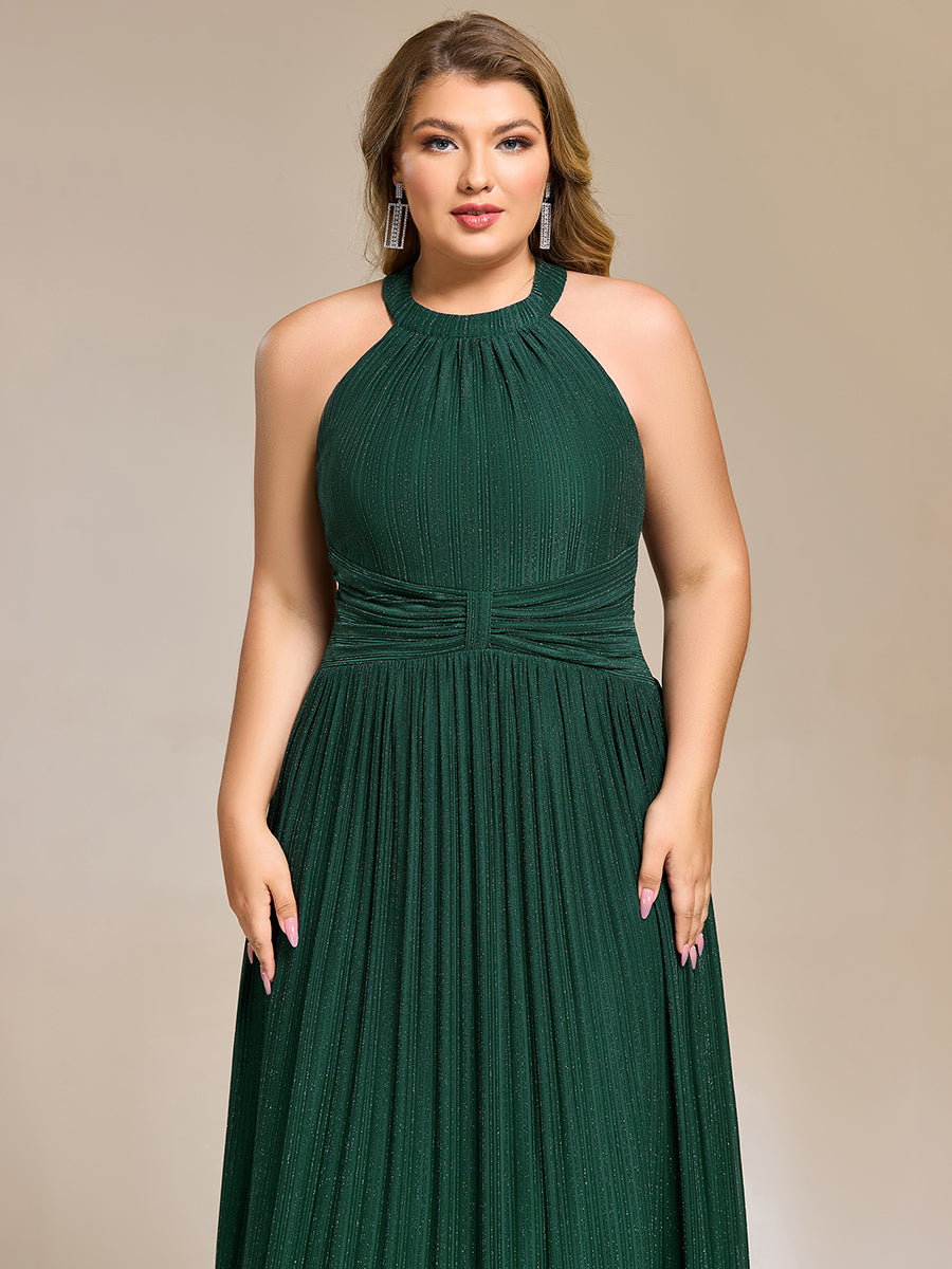 Plus Size Glittery Halter Neck Pleated Formal Evening Dress