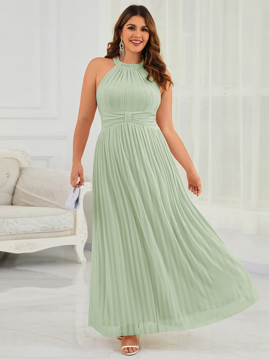 Plus Size Glittery Halter Neck Pleated Formal Evening Dress