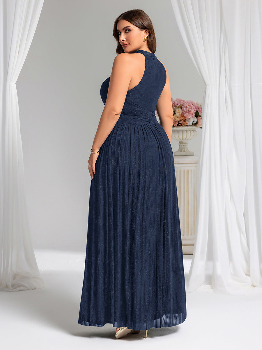 Plus Size Glittery Halter Neck Pleated Formal Evening Dress