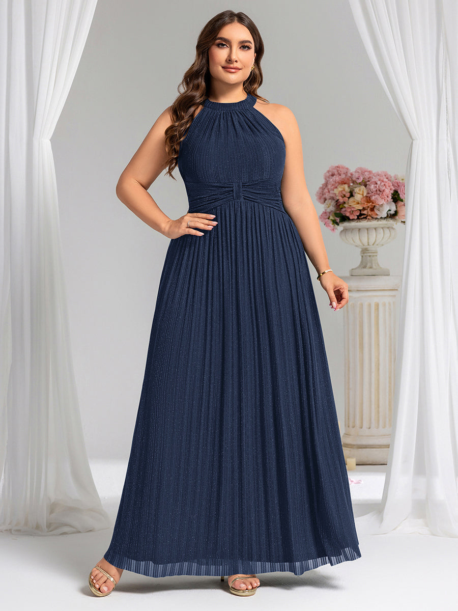 Plus Size Glittery Halter Neck Pleated Formal Evening Dress