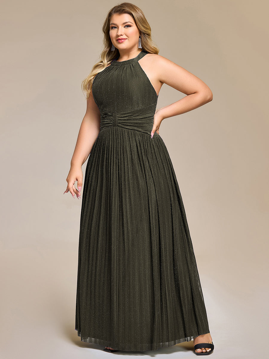 Plus Size Glittery Halter Neck Pleated Formal Evening Dress