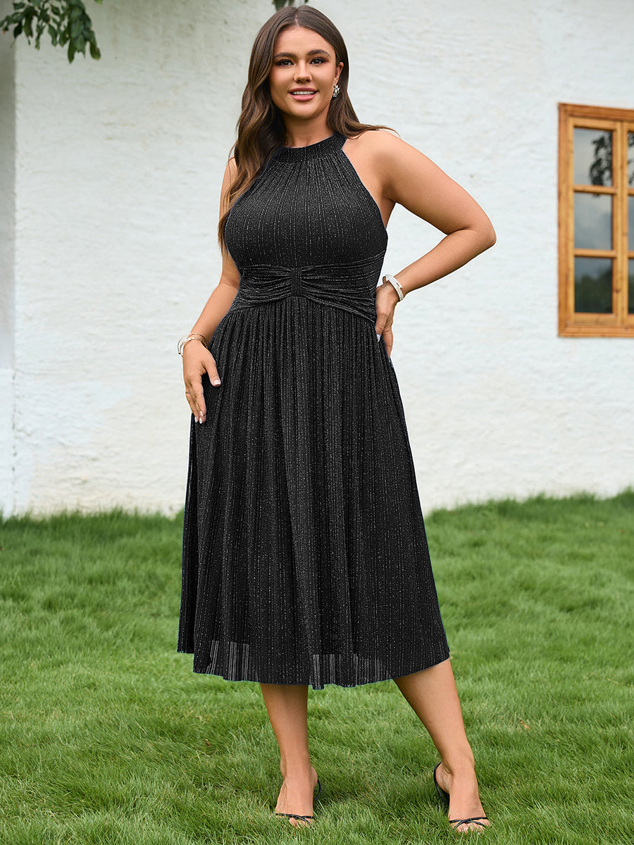 pretty VAYLA|Plus-Size Glittery Halter Neck Dress