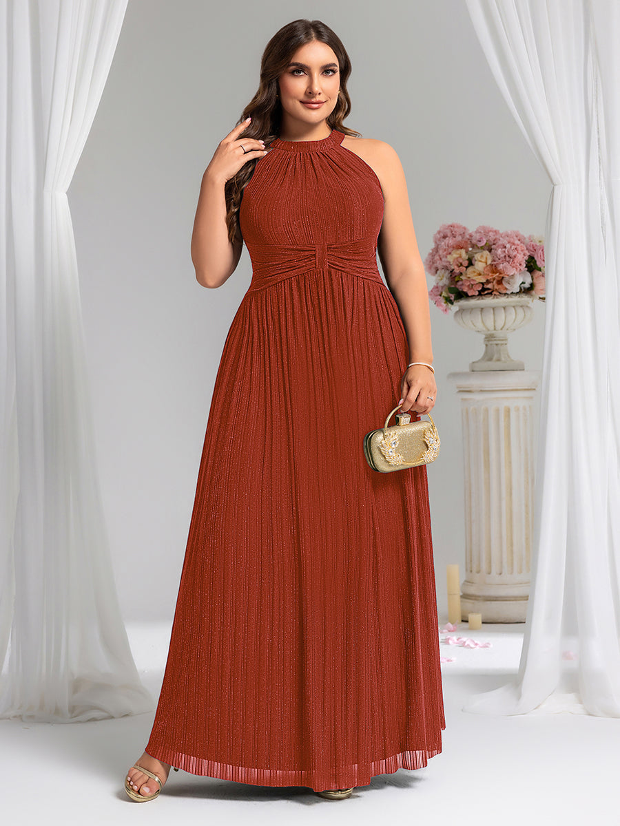 Plus Size Glittery Halter Neck Pleated Formal Evening Dress