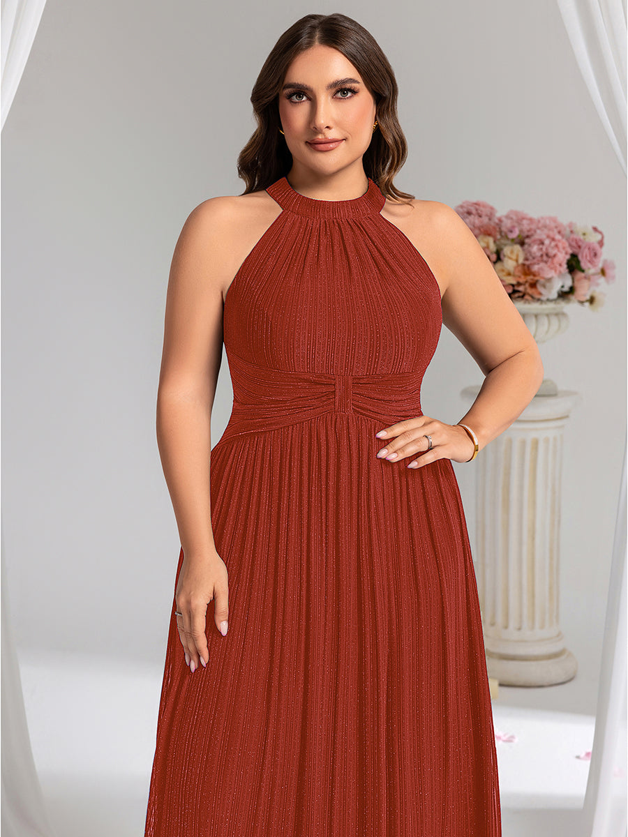 Plus Size Glittery Halter Neck Pleated Formal Evening Dress