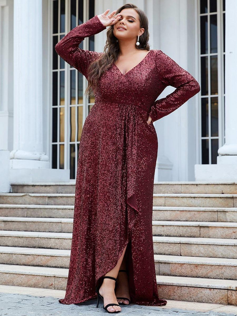 pretty SYREN|Plus Size Sequin V-Neck Long Sleeve High Slit Bodycon Evening Dress