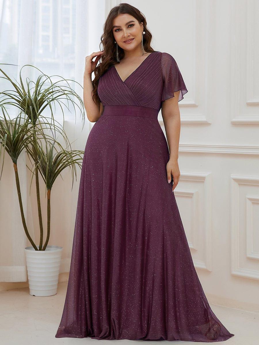 ever LIORÉ|Plus Size V Neck Ribbon Waist Formal Evening Dress With Sleeves