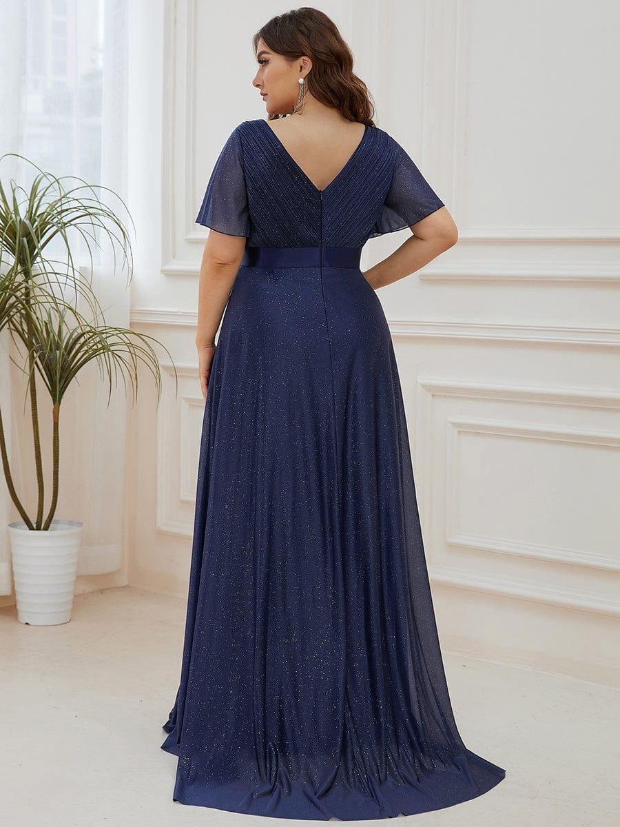 ever LIORÉ|Plus Size V Neck Ribbon Waist Formal Evening Dress With Sleeves