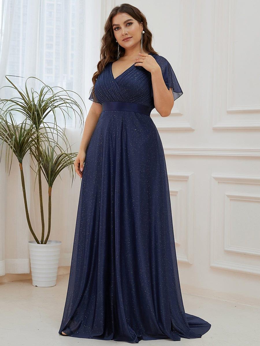 ever LIORÉ|Plus Size V Neck Ribbon Waist Formal Evening Dress With Sleeves