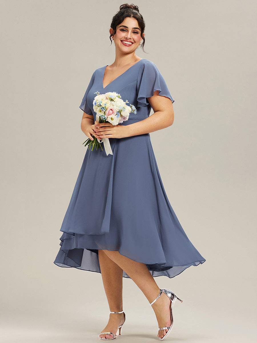 pretty AALIA|Plus Size Flowing Chiffon V-Neck Ruffle Sleeves Wedding Guest Dress