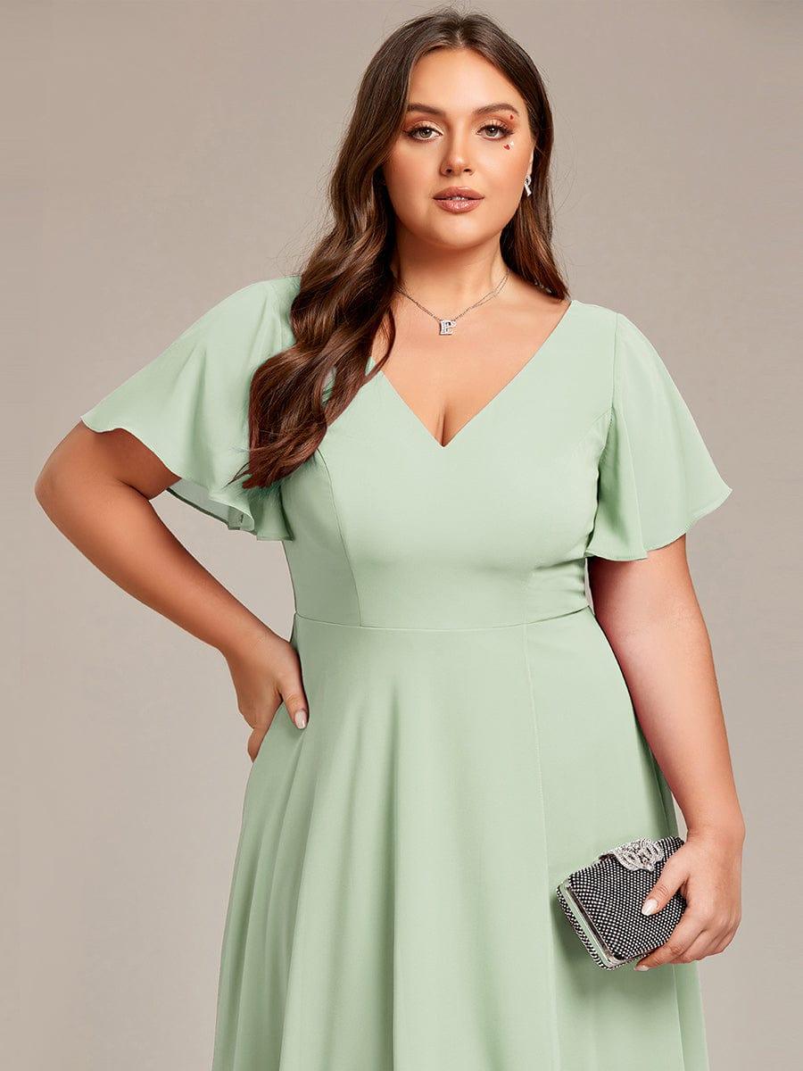 pretty AALIA|Plus Size Flowing Chiffon V-Neck Ruffle Sleeves Wedding Guest Dress