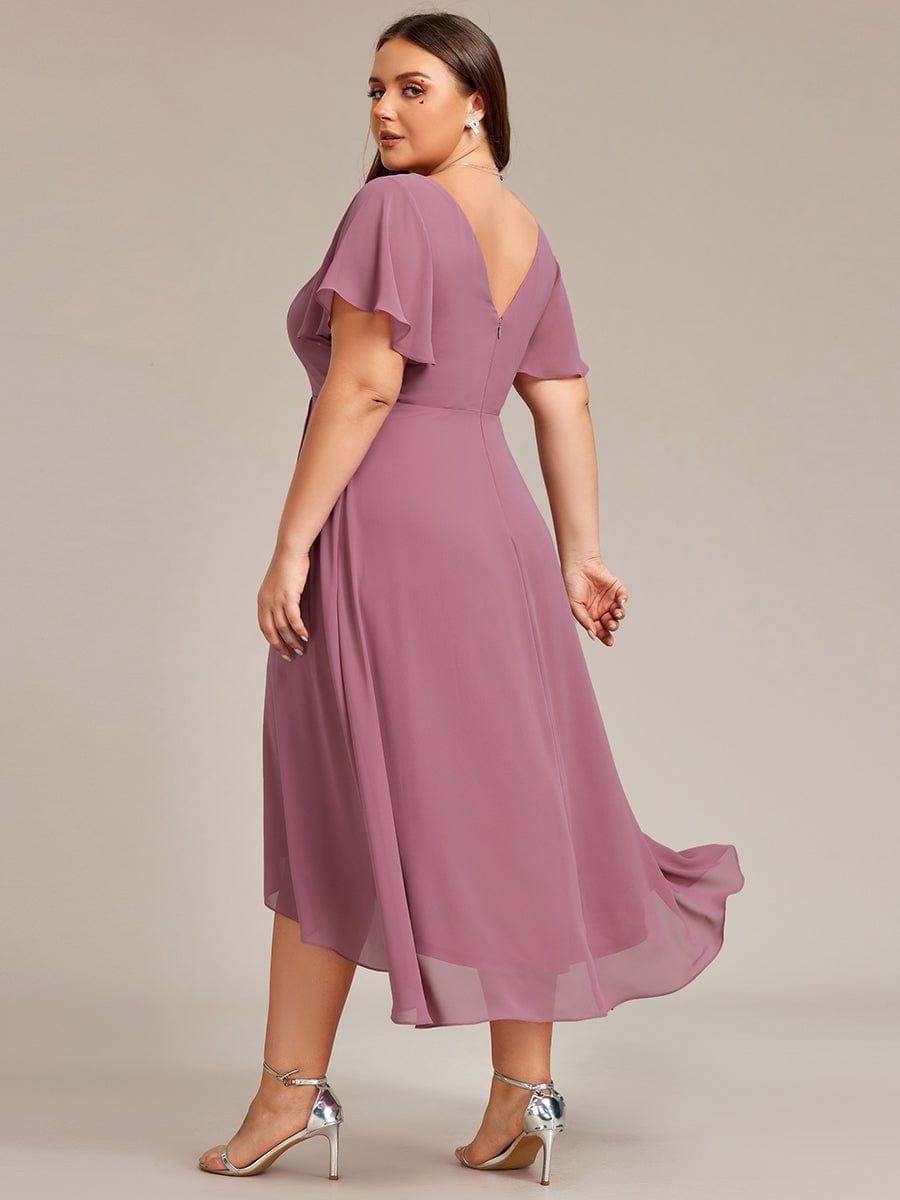 pretty AALIA|Plus Size Flowing Chiffon V-Neck Ruffle Sleeves Wedding Guest Dress