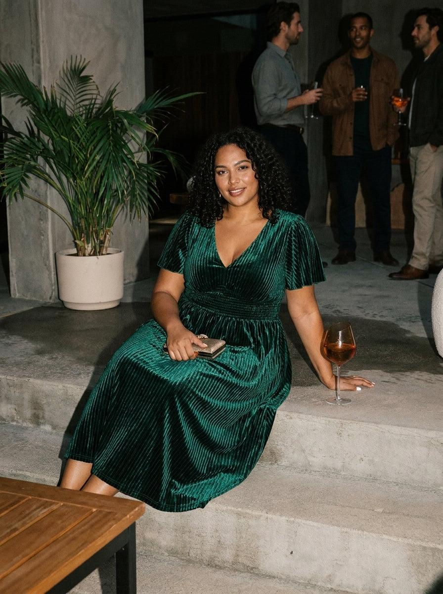 pretty AZALEA|Plus Size A-line V-Neck Short Sleeve Pleated Velvet Fall Wedding Guest Dress