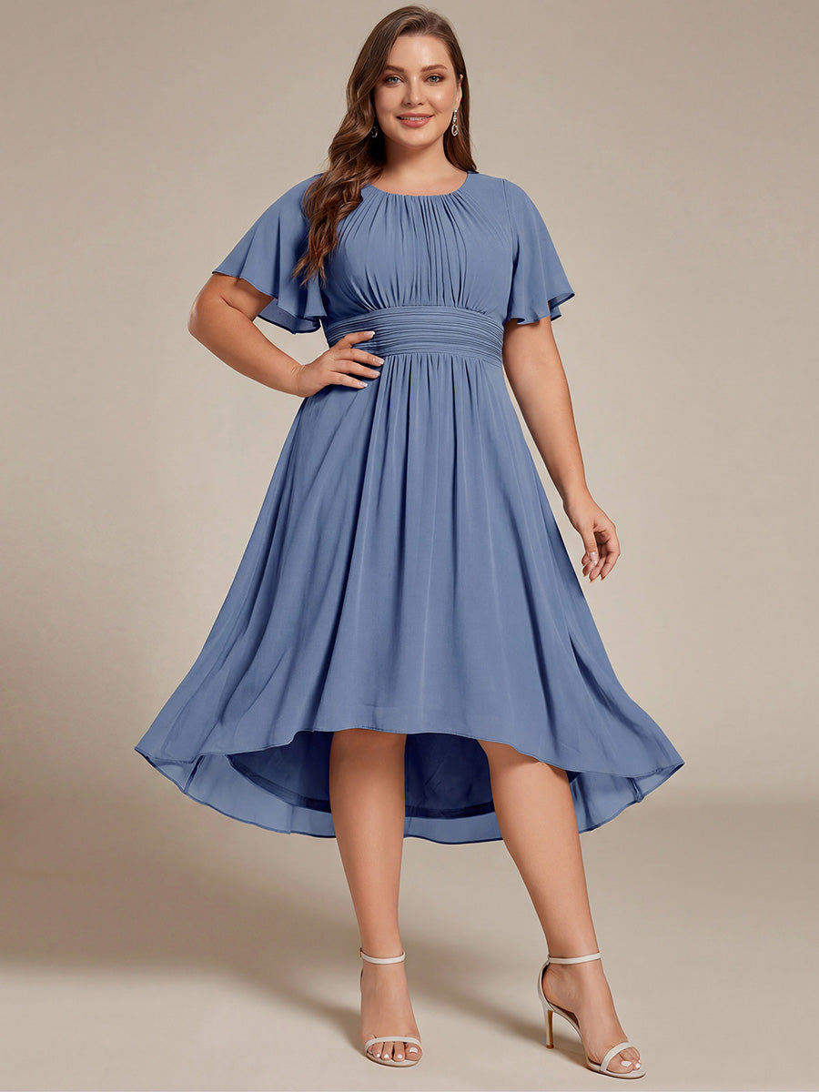 pretty EDEN|Plus Size Pleated Round Neckline A-Line Midi Chiffon Wedding Guest Dress