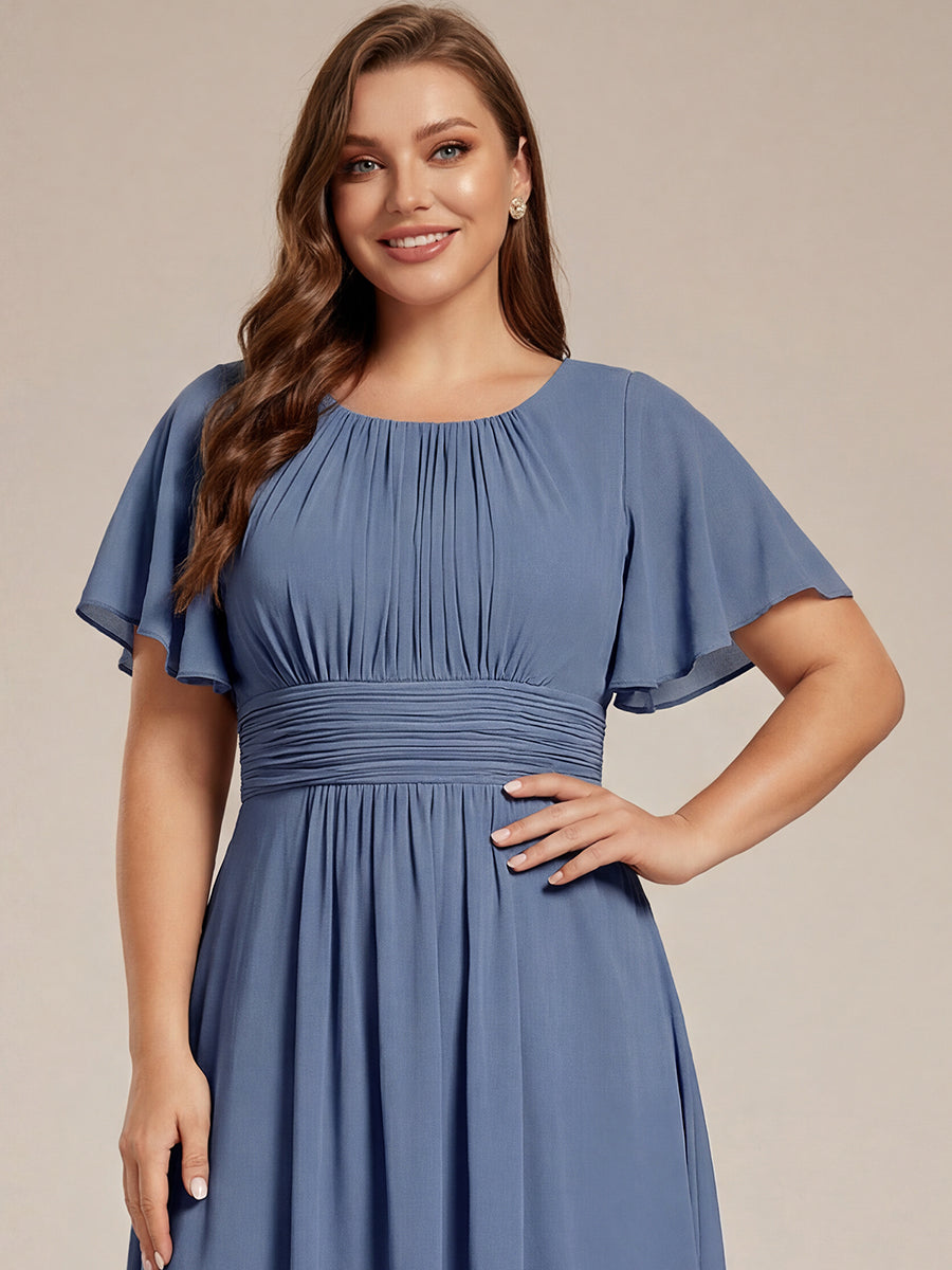 pretty EDEN|Plus Size Pleated Round Neckline A-Line Midi Chiffon Wedding Guest Dress