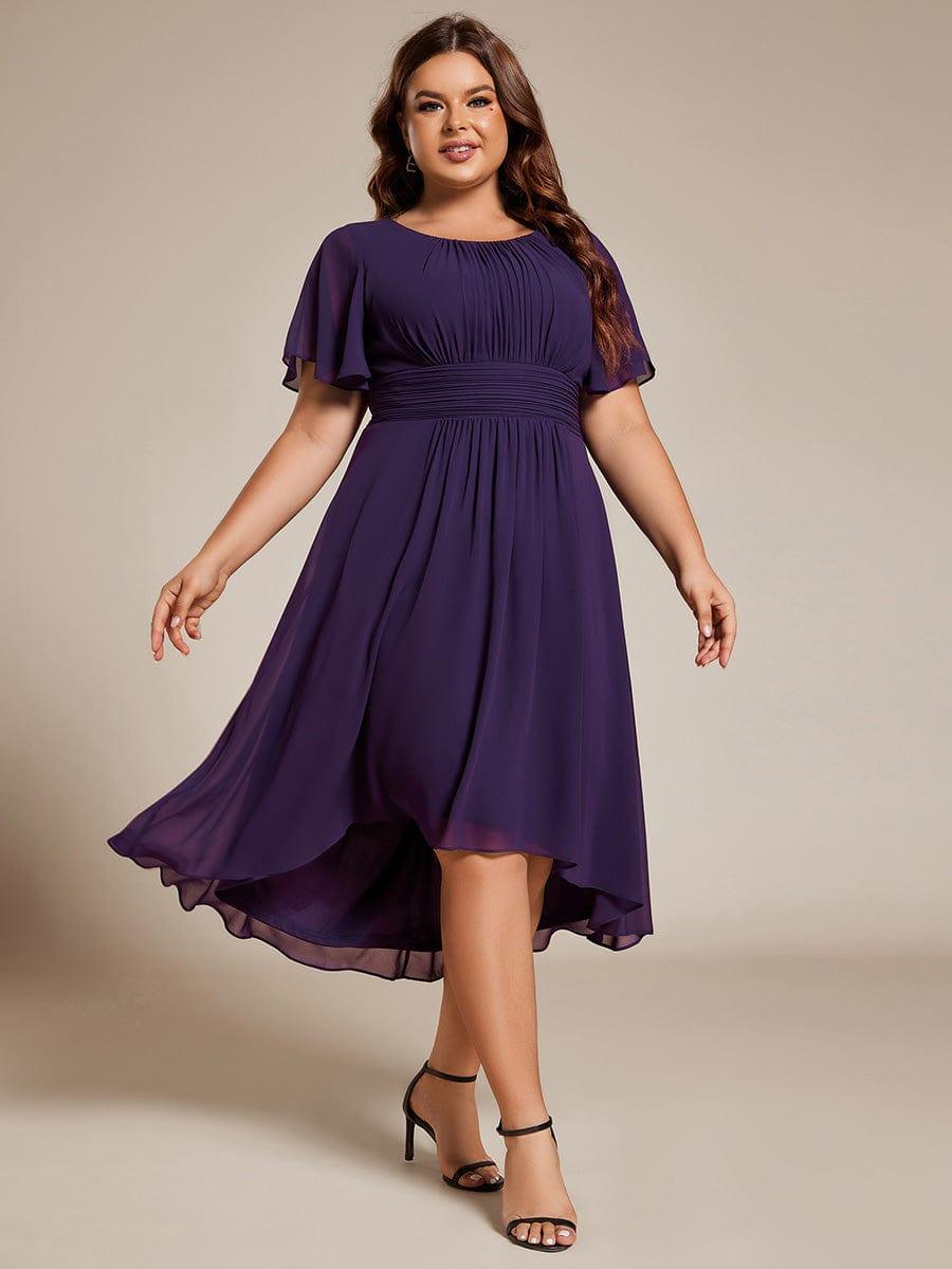 pretty EDEN|Plus Size Pleated Round Neckline A-Line Midi Chiffon Wedding Guest Dress