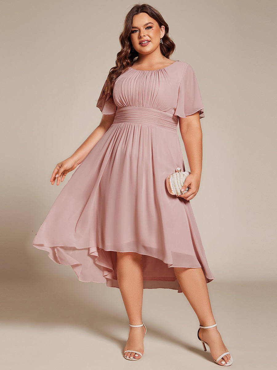 pretty EDEN|Plus Size Pleated Round Neckline A-Line Midi Chiffon Wedding Guest Dress