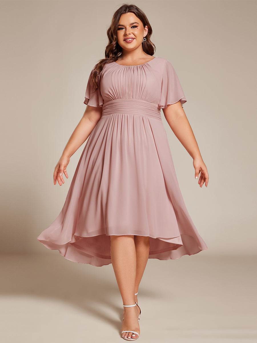 pretty EDEN|Plus Size Pleated Round Neckline A-Line Midi Chiffon Wedding Guest Dress