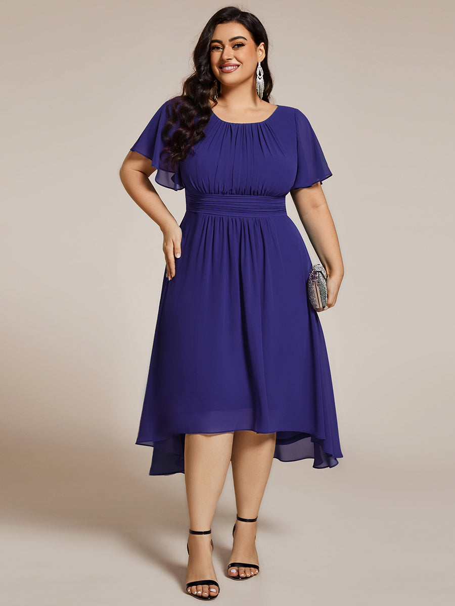 pretty EDEN|Plus Size Pleated Round Neckline A-Line Midi Chiffon Wedding Guest Dress