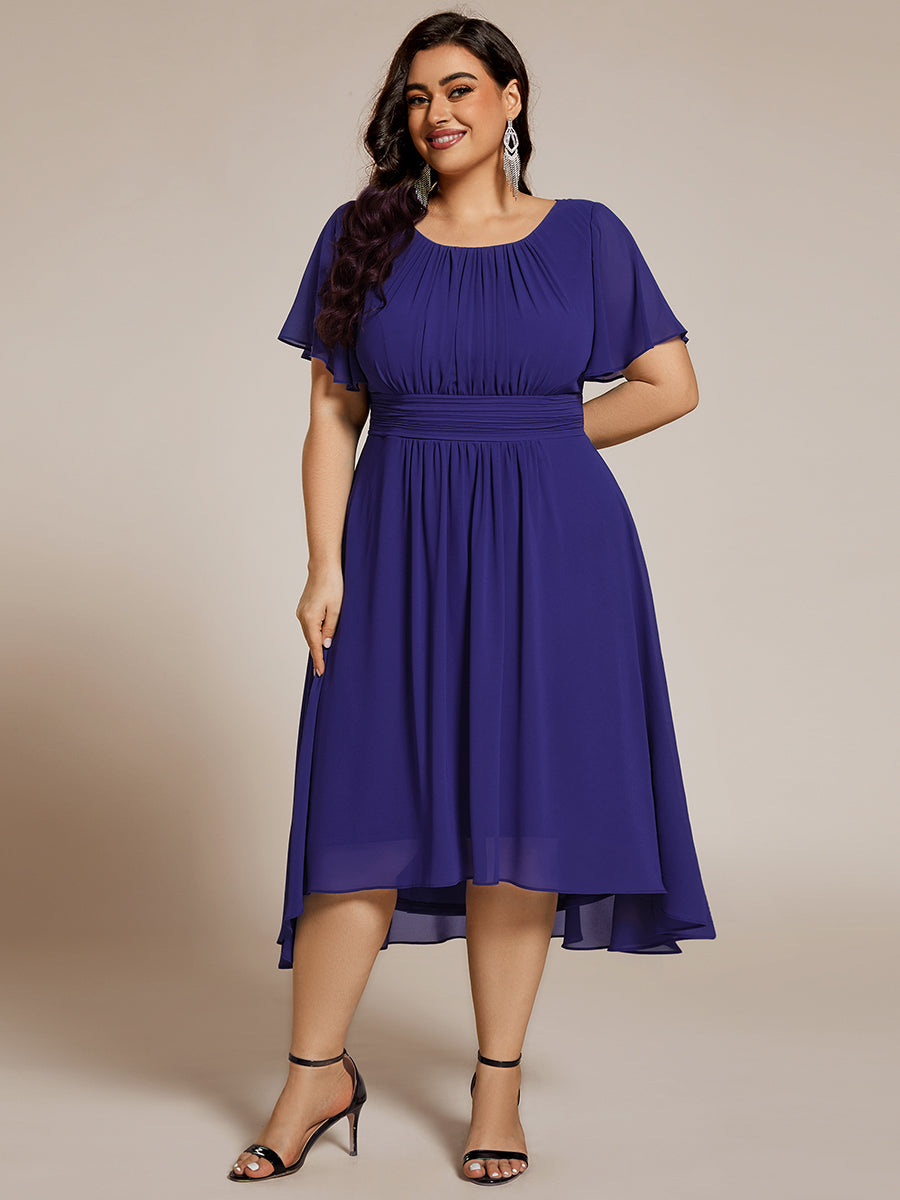 pretty EDEN|Plus Size Pleated Round Neckline A-Line Midi Chiffon Wedding Guest Dress