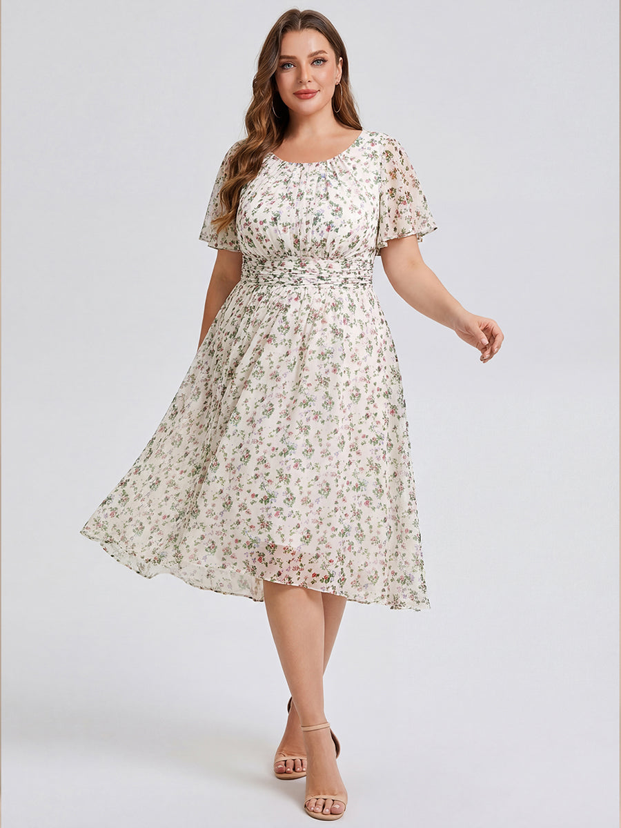 pretty EDEN|Plus Size Pleated Round Neckline A-Line Midi Chiffon Wedding Guest Dress
