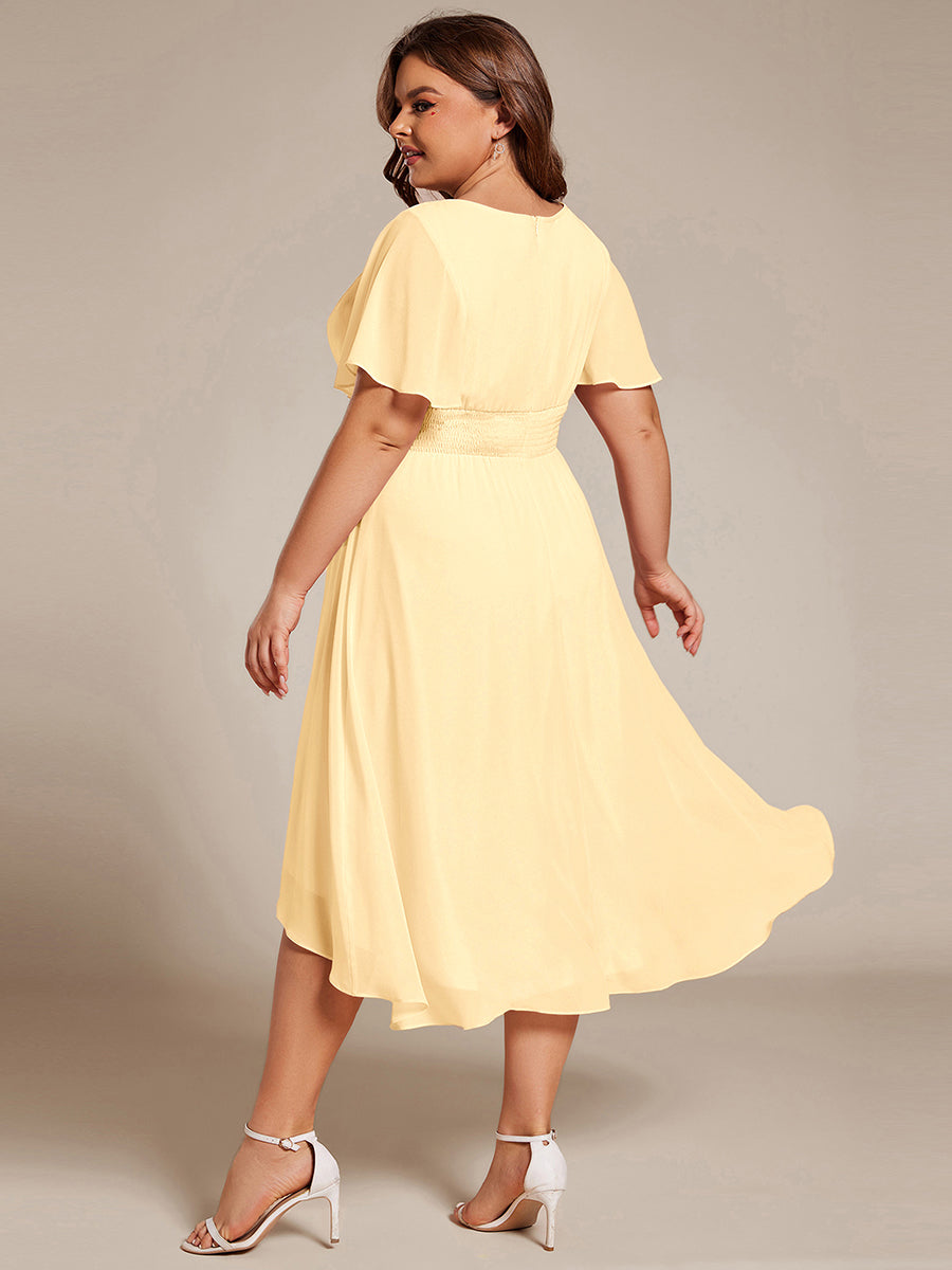 pretty EDEN|Plus Size Pleated Round Neckline A-Line Midi Chiffon Wedding Guest Dress
