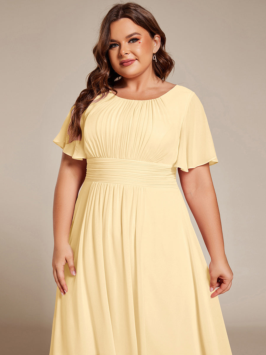 pretty EDEN|Plus Size Pleated Round Neckline A-Line Midi Chiffon Wedding Guest Dress