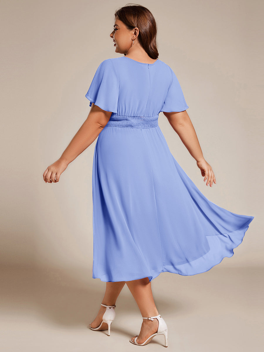 pretty EDEN|Plus Size Pleated Round Neckline A-Line Midi Chiffon Wedding Guest Dress