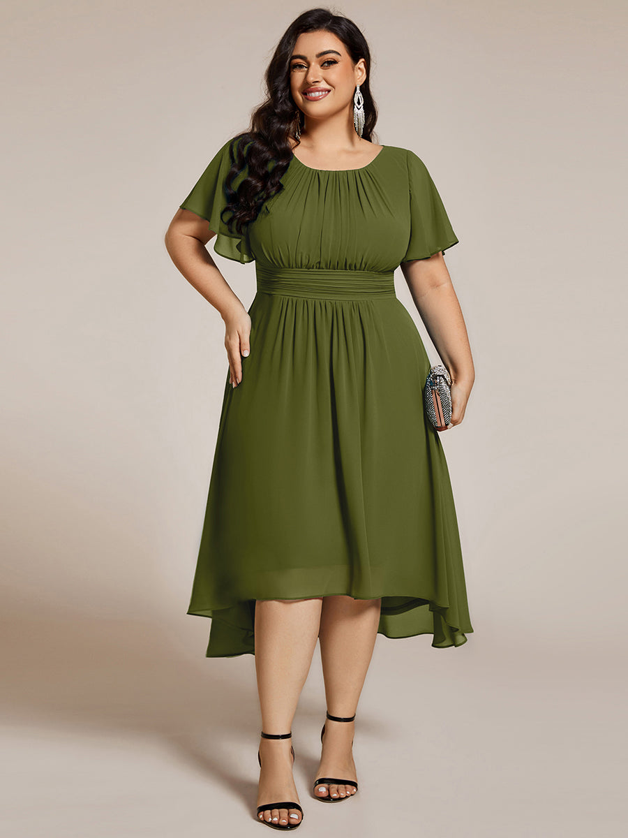 pretty EDEN|Plus Size Pleated Round Neckline A-Line Midi Chiffon Wedding Guest Dress