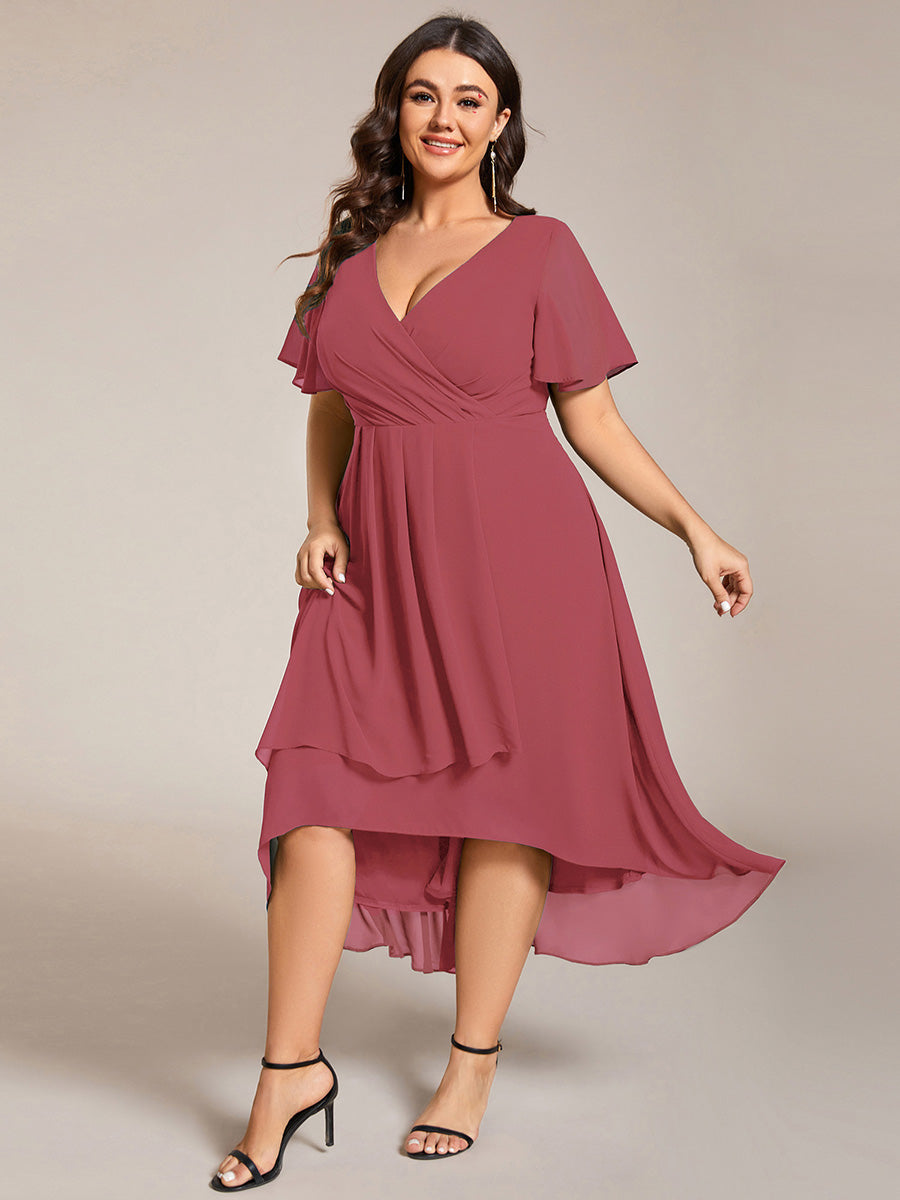 pretty LARK|Plus Size Chiffon Short Sleeves Pleated V-Neck A-Line Midi Wedding Guest Dress