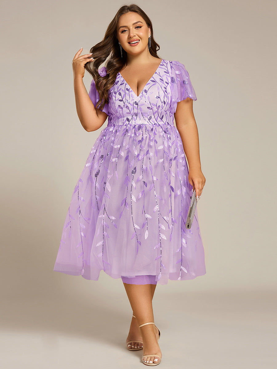 pretty SIMONE|Plus Size Sparkly A-Line Midi Tulle Formal Wedding Guest Dress with Leaf Sequin