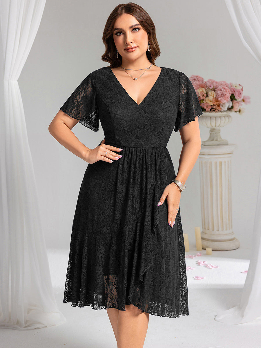 pretty PALOMA|Plus Size Short Sleeves V-Neck A-Line Lace Midi Wedding Guest Dress