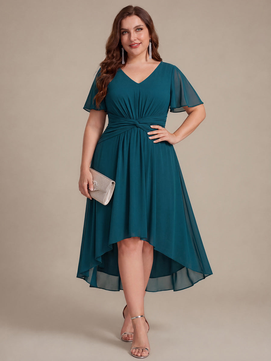 Plus Size Chiffon Ruffle Sleeve High Low Wedding Guest Dress