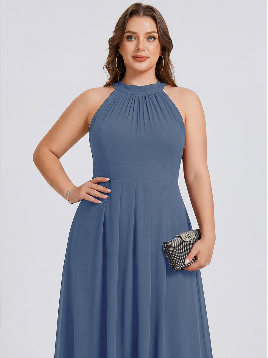 pretty POSIE|Flowy Plus Size Halter Neck Chiffon Midi Wedding Guest Dress
