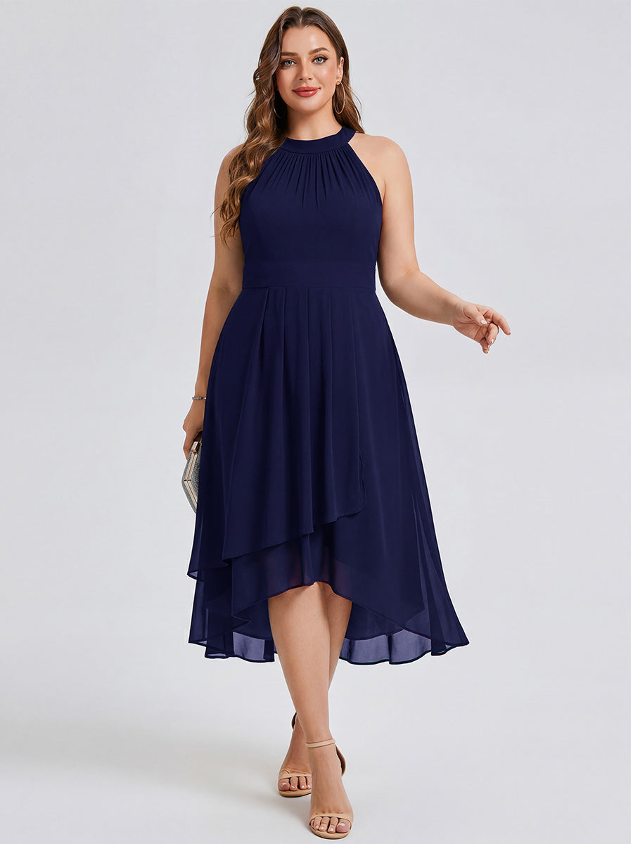 pretty POSIE|Flowy Plus Size Halter Neck Chiffon Midi Wedding Guest Dress