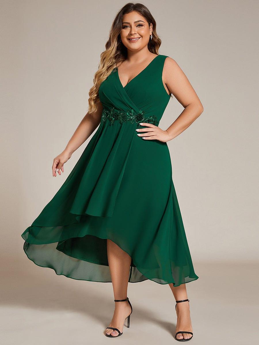 pretty IRYS|Sleeveless V-Neck High Low Plus Size Wedding Guest Dress with Floral Applique