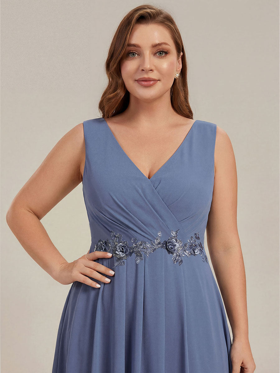 pretty IRYS|Sleeveless V-Neck High Low Plus Size Wedding Guest Dress with Floral Applique
