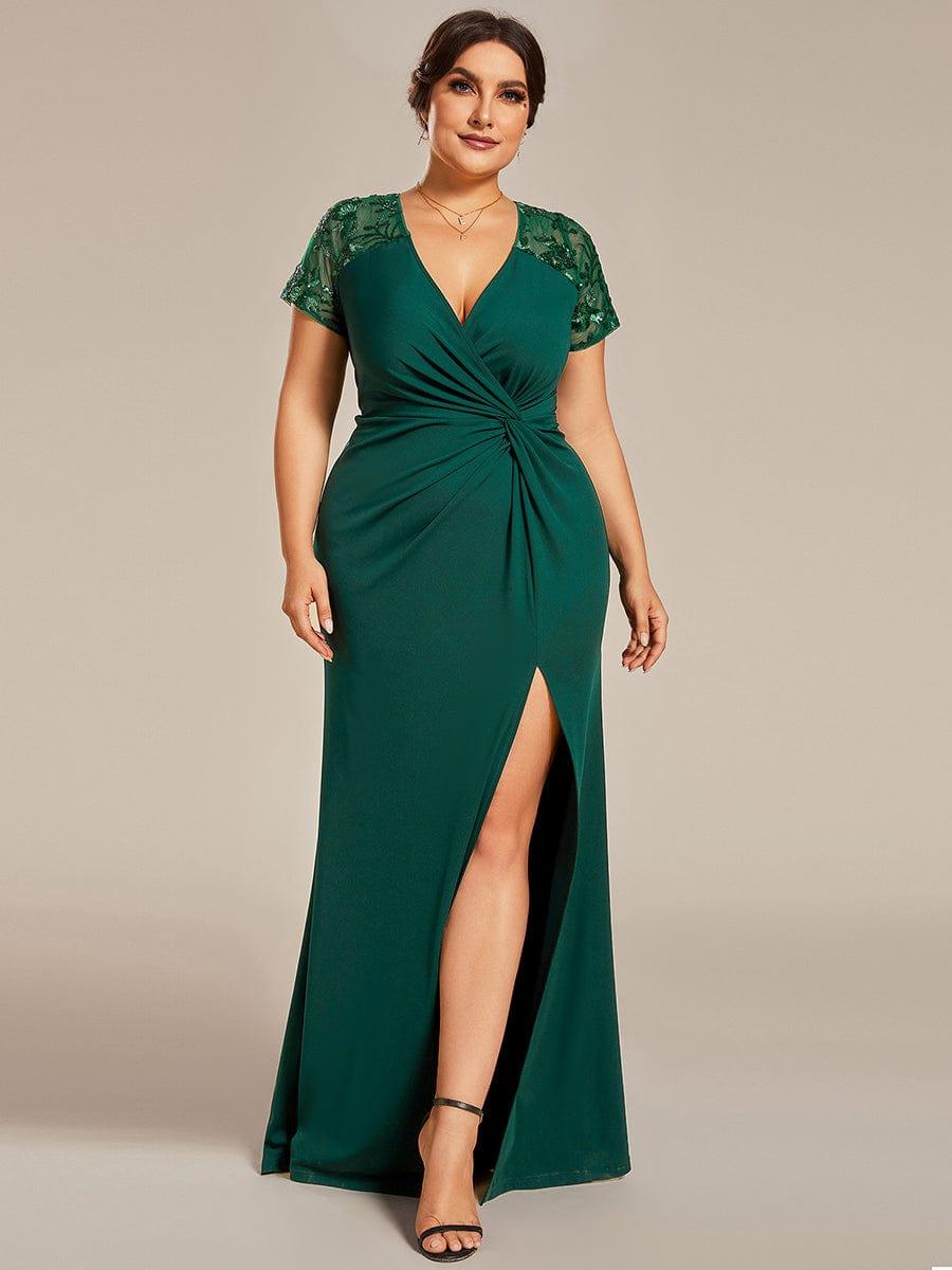 pretty GILDED|Plus Size Front Slit Short Sleeve With Sequin Mother of the Bride Dresses