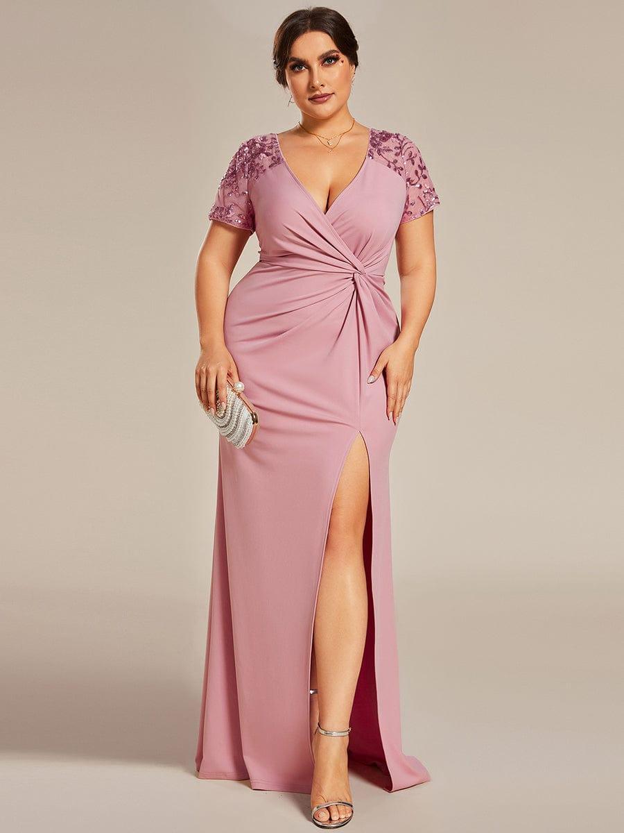 pretty GILDED|Plus Size Front Slit Short Sleeve With Sequin Mother of the Bride Dresses