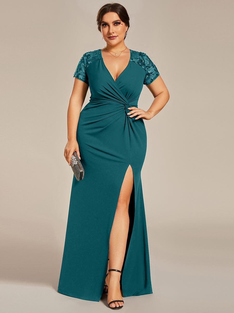 pretty GILDED|Plus Size Front Slit Short Sleeve With Sequin Mother of the Bride Dresses