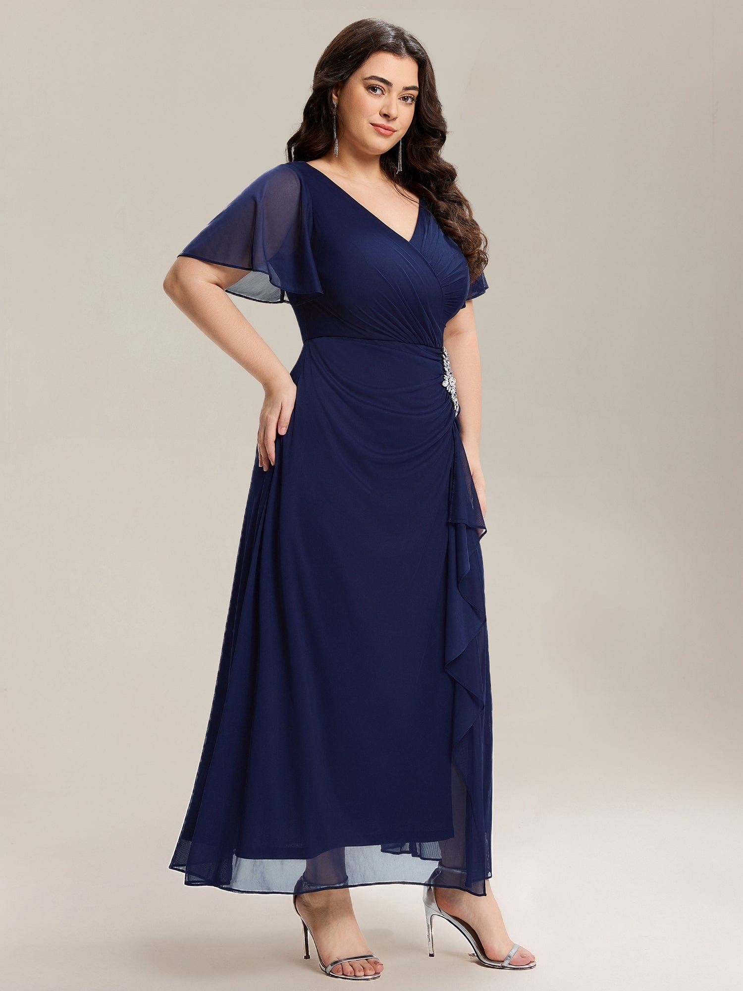 pretty MARIEL|Plus Size Rhinestone Embellished Chiffon Ruffle Sleeve Dress