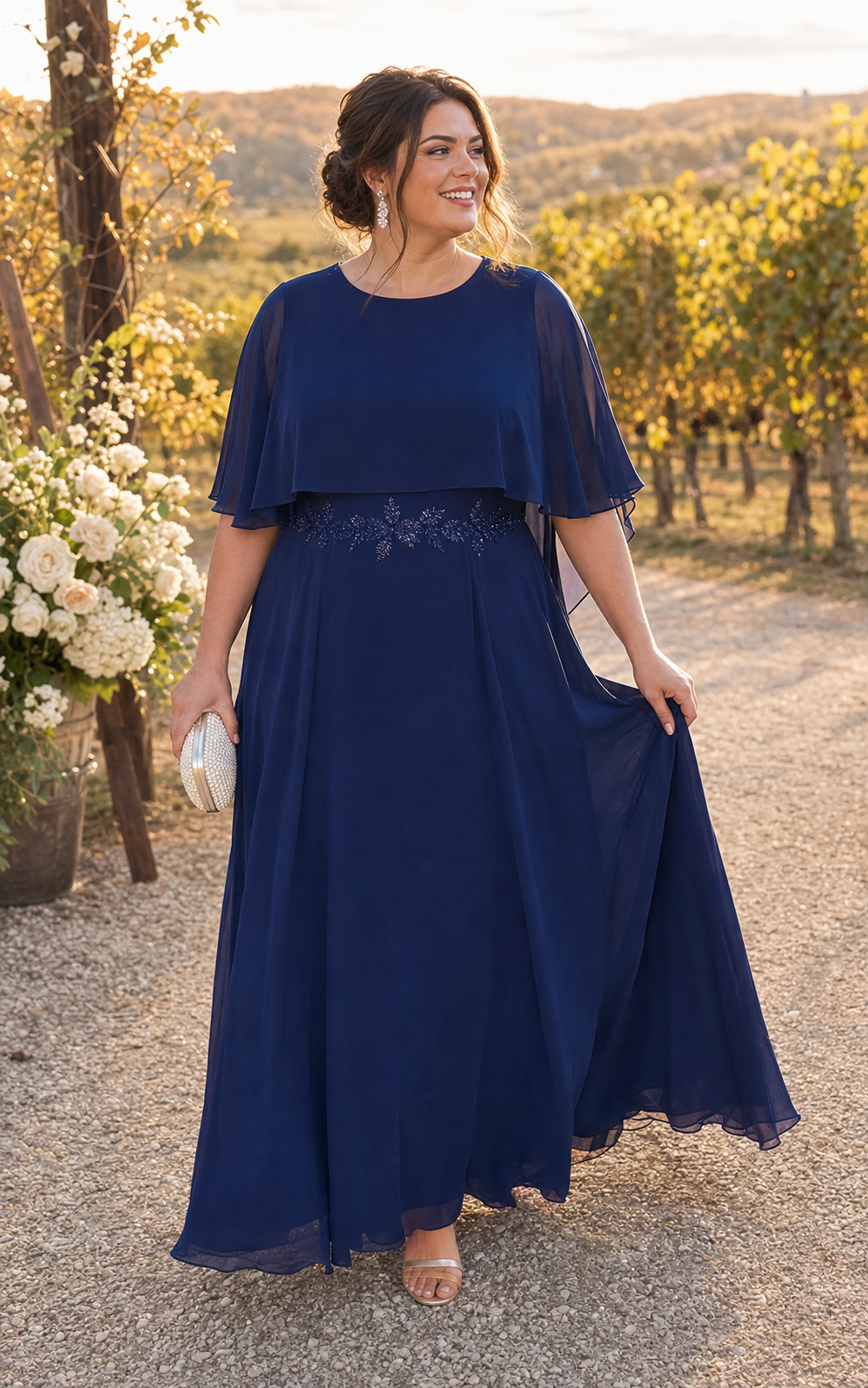 Plus Size Chiffon Cape Sleeve Mother of the Bride Dress