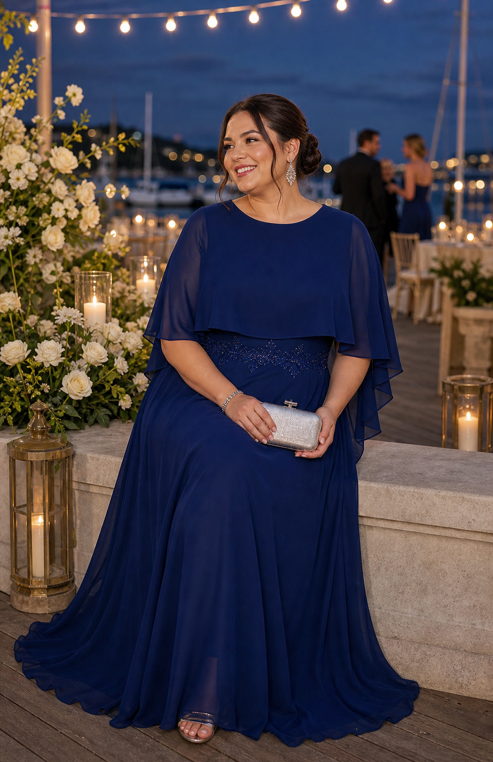 Plus Size Chiffon Cape Sleeve Mother of the Bride Dress