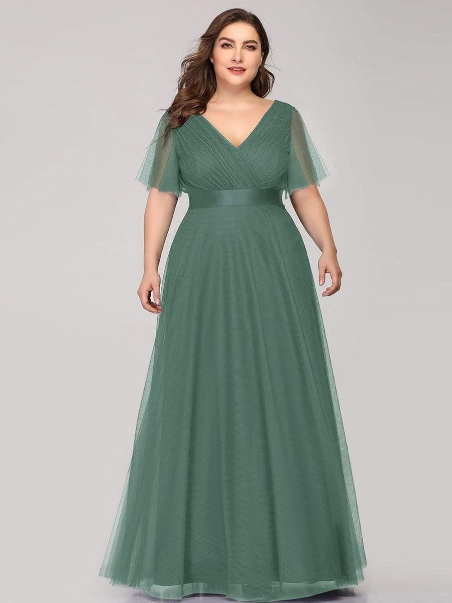 pretty MISTE|Women's Floor-Length Plus Size Formal Bridesmaid Dress with Short Sleeve
